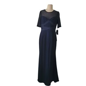 NWT Adrianna Papell Illusion Banded Mesh Maxi Dress Sz 10P Navy Blue Wedding